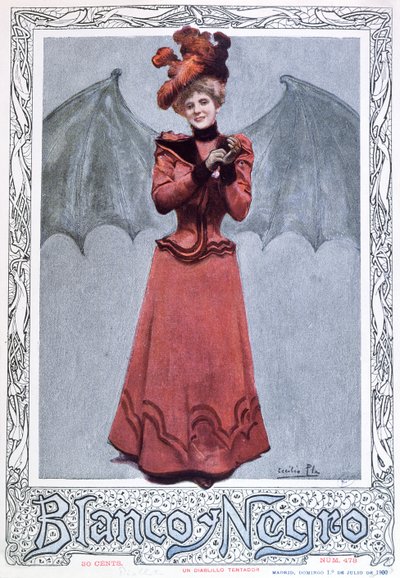 The Devilish Temptress, "Blanco y Negro" -lehden etukannessa, 1. heinäkuuta 1900 tekijältä Cecilio Pla Gallardo